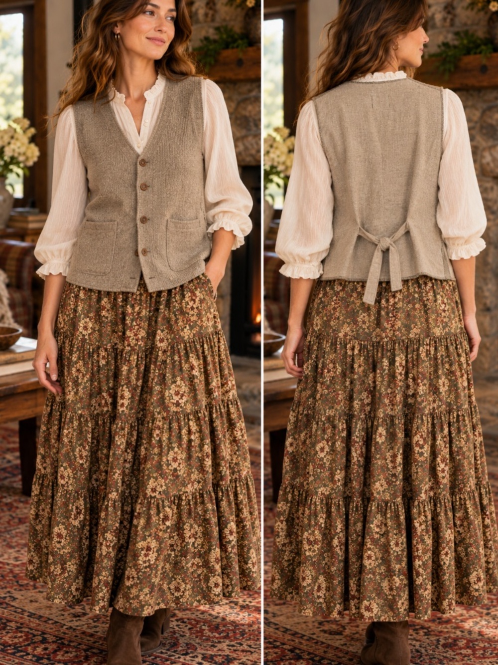 Cotton/Linen knit/weave vest L/XL button front cottage core fall/winter layer